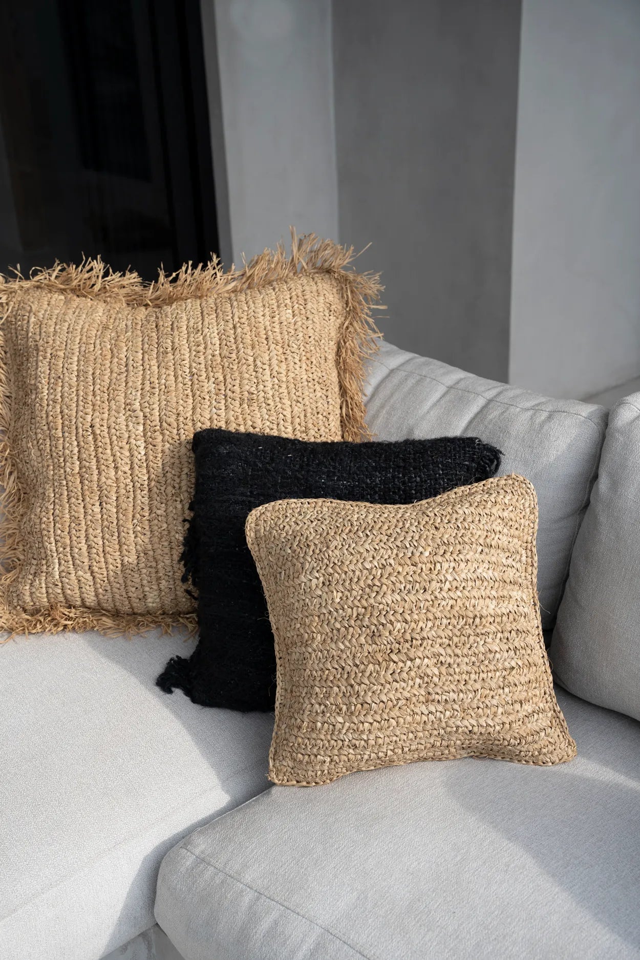 Raffia Cushion Cover Flowers - Natural - 40x40